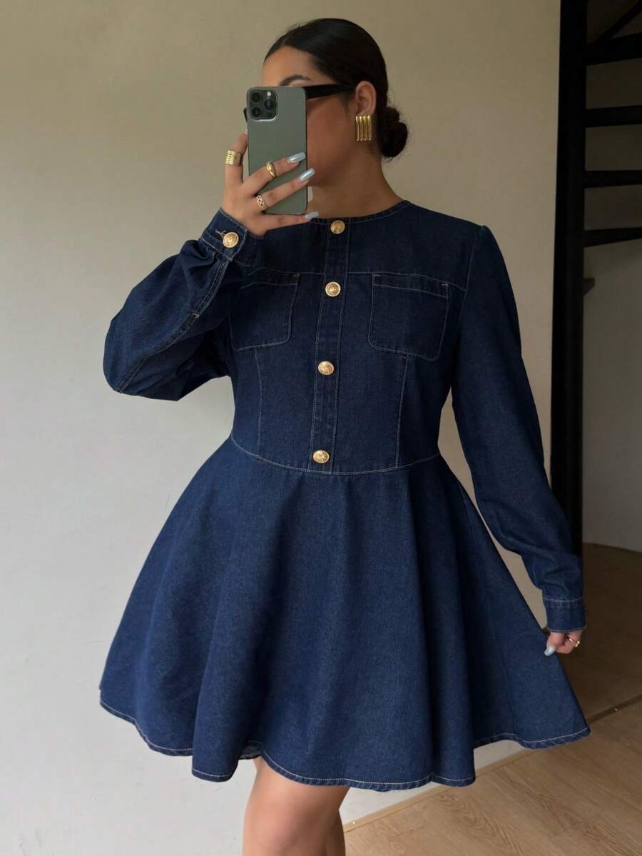 Dripcurv Women's Plus Size Autumn/Winter Dark Blue Non-Stretch Denim Slim Fit Long Sleeve Denim Awning Dress,Elegant Dress For Women ,New Year Dress,New Year Look,Christmas Outfit For Women,Thanksgiving Outfit For Women - Blue - View 1