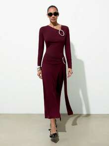 Maija Vestido elegante de cor sólida para mulher, adequado para festa, vestido bordô para mulher, vestido de manga comprida, vestido castanho-avermelhado, vestido vinho - Borgonha - Ver 2