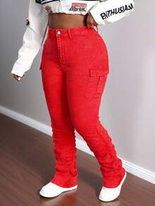 Slaydiva 大码休闲水洗褶饰修身工装牛仔裤 - 紅色 - 查看 1