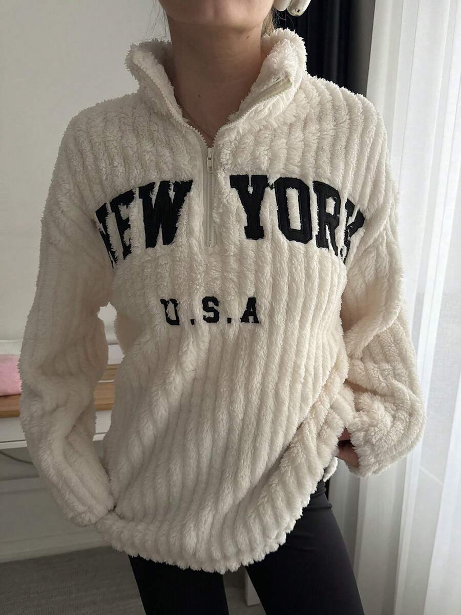 SHEIN EZwear 2pcs/Set Women Letter Print Zip-Up Fleece Sweatshirt And Pants