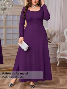 Firerie Vestido Casual Elegante Simples de Manga Longa com Decote em Canoa, Franzido e Amarração, Elástico, Ideal para Uso Diário e Formal, Primavera/Outono, para Mulheres Plus Size - Roxo - Visão 1