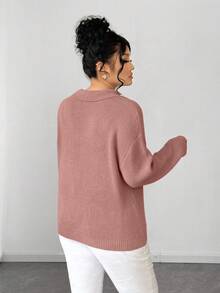 SHEIN Elenzya 女士珍珠领纯色简约套头毛衣 - 粉色 - 查看 2