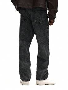 SUMWON Acid Wash Straight Fit Denim Jeans For Streetwear Urban Casual Winter Fall Fashion Plain - Black - View 4