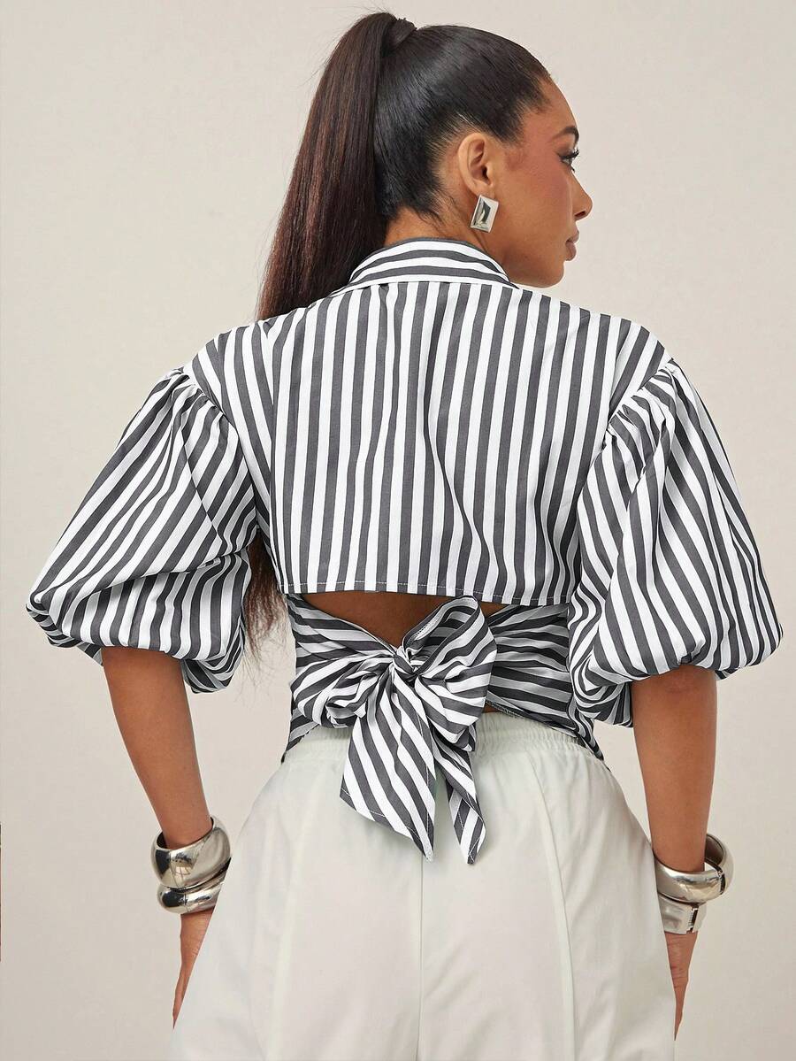 Vixey Blusa de manga larga con cuello y botones con lazo en la espalda - Blanco y Negro - Ver 1