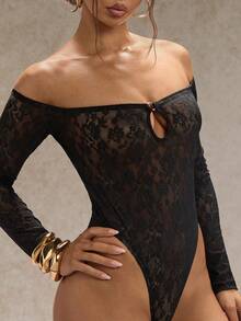Glamine极简性感黑色蕾丝露肩长袖连体衣，女士露肩连体衣性感设计，秋季女士性感派对连体衣，感恩节女士服装，牛仔蕾丝长袖上衣 - 黑色 - 查看 8