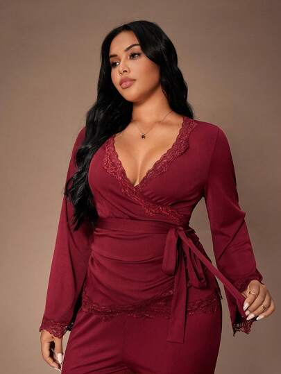 Lazeform Plus Size Women Lace Patchwork V-Neck Cinched Waist Waist Flared Long Sleeve Top & Pants Sleepwear Set Burgundy Pajama Set 2 Pieces Lounge Sets Woman Woman 2 Pieces Set Red Two Pieces Outfit, Winter Clothes