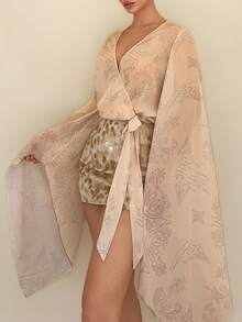 Rafferiza Sexy Printed Sequin Patchwork Long Sleeve A-Line Bodycon Dress - Apricot - View 3