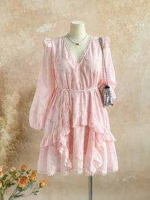 Soleia Plus Size Women Elegant Solid Color Jacquard Ruffle Hem Dress, Autumn - Pink - View 5