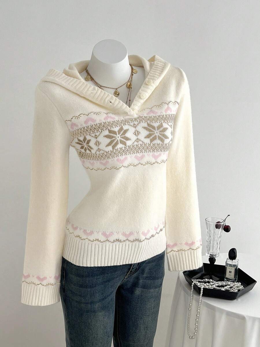 Elamini 时尚女士雪花图案长袖连帽毛衣 - 彩色 - 查看 1