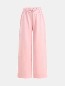 SHEIN Tween Girl Summer Simple Front Tie Loose Sweatpants, Casual Daily Wear - Pink - View 4