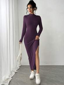 Siren Gaze Women Long Side Slit High Neck Long Sleeve Dress, Women Dresses Ribbed Dresslong Dress Winterlong Sweater Dresslong Bodycon Dressslit Dress Casual Purple Spring - Purple - View 5