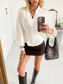 Siren Gaze Women's Elegant White Office Blouse,Autumn Plain Pleat Button Long Sleeve Shirt,Slim-Fit Collared Business Casual Chic Commuting Teacher Party Top - Multicolor - View 1