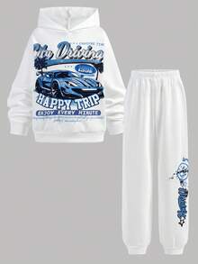 SHEIN 2 件套青少年男孩休闲街头时尚酷炫赛车涂鸦印花连帽衫和运动裤套装，适合通勤、上学、休闲外出、运动、秋冬 - 白色 - 查看 2