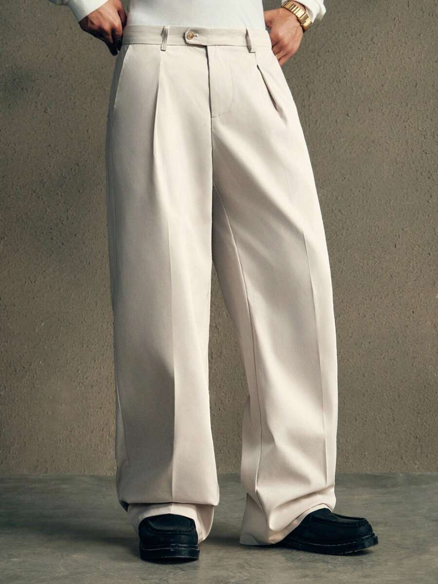 AXEPEAK Men's Woven Fashionable Casual Solid Color Pleated Design Light Apricot Straight Leg Loose Long Suit Pants,For Summer, School, Fall - Apricot - View 1
