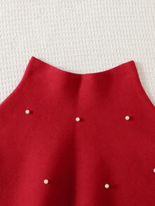 SHEIN Tween Girl Loose Long Sleeve Turtleneck Sweater & Ruffle Hem A- Winter Skirt Set, Red And White, Autumn, Elegant, Party Knit Clothes Matching Outfits - Red - View 5