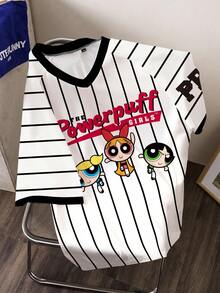 THE POWERPUFF GIRLS X SHEIN 女式条纹花朵、泡泡、毛茛花图案 V 领短袖 T 恤 - 白色 - 查看 1