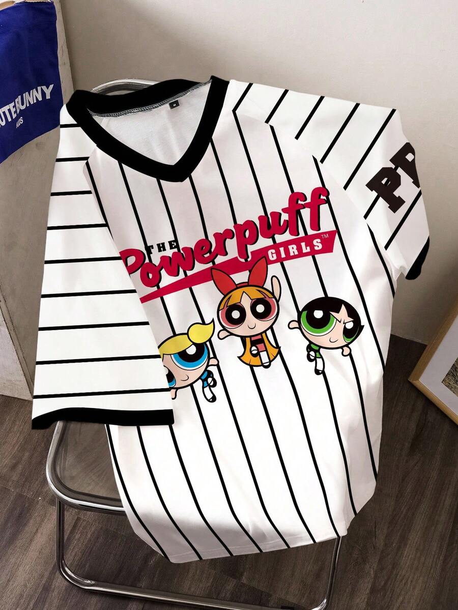 THE POWERPUFF GIRLS X SHEIN 女式条纹花朵、泡泡、毛茛花图案 V 领短袖 T 恤 - 白色 - 查看 1