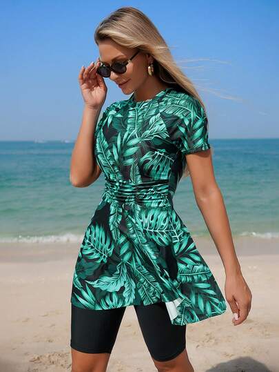 Swim Mulvari Women's Summer Middle East Beach Vacation Plant Print Short Sleeve Dress & Solid Color Pants 2 Pieces Swimsuit Beach Outfit