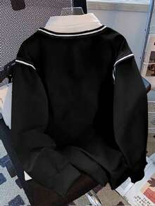 Resyla 大码女式拼色领运动休闲运动衫，学院风上衣 - 黑色 - 查看 2