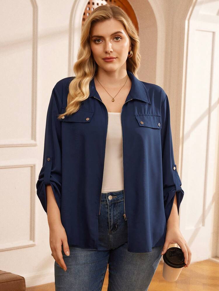 Plus Size Women's Solid Color Rolled Sleeve Zip Front Casual Shirt, Autumn/Winter,2025 New
