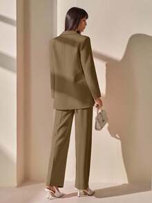 Blazer With Single Button Closure And Flap Pockets, Paired With Matching High-Waist Trousers, Elegant Two Pieces Suit Set - Mocha Brown - View 2