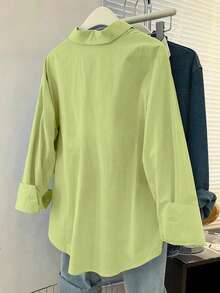 INAWLY Camisa casual de manga larga con bolsillo delantero y botones, de unicolor, talla grande - Verde - Ver 2