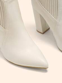 CUCCOO BASICS 女士尖头粗跟米色时尚优雅通勤简约日常百搭针织中筒踝靴 - 米色 - 查看 10