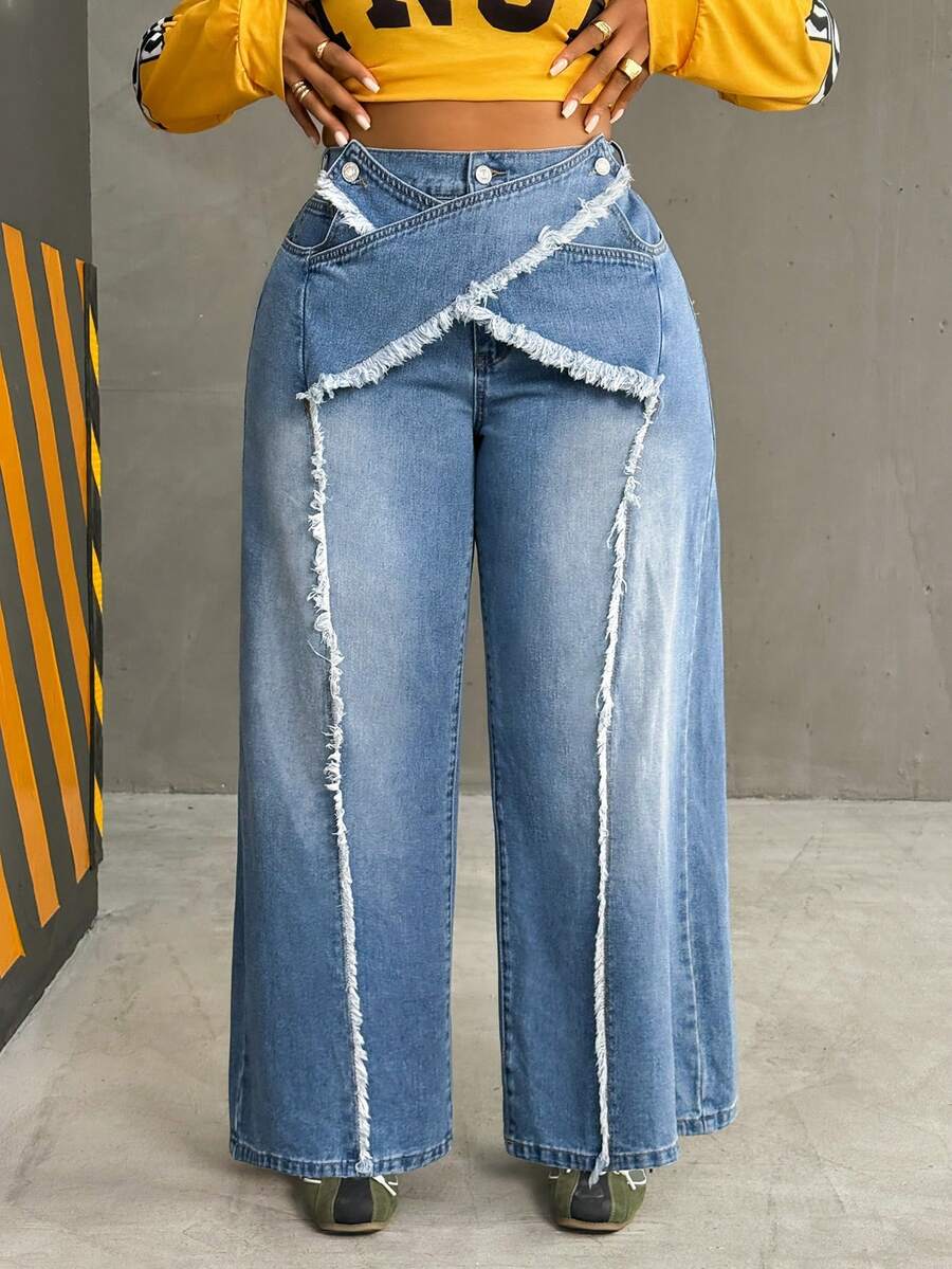 Slaydiva Quần Jeans Baggy Thời Trang Thường Ngày Cho Nữ Cỡ Lớn, Viền Xỉn, Giặt Thường Ngày - Rửa trung bình - Xem 1