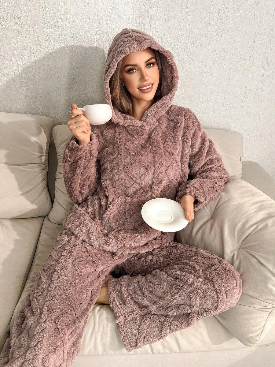 SHEIN Women's Plush Jacquard Hooded Long Sleeve Top & Wide Leg Pants Fluffy Pajama Clothes Set, Winter Cozy Sets Women Women Lounge Set Winter Fluffy Pajamas Women Coffee Fluffy Pajamas Homewear Women - Mauve Purple - View 1