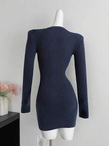GlowEve Vestido de punto francés ajustado con diseño de botones y cuello en V de unicolor para mujer - Azul Marino - Ver 2