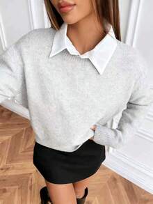 EMERY ROSE Casual Style Solid Color Crew Neck Knit Long Sleeve Sweater - Light Grey - View 3