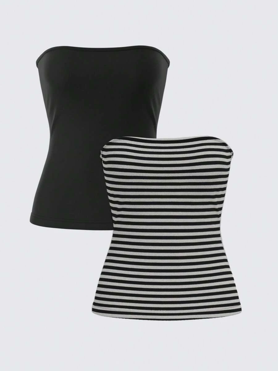 SHEIN BASICS 2 chiếc áo hai dây dệt kim ngắn thường ngày dành cho nữ - màu đen - Xem 1