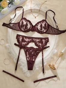 5件套女士刺绣网眼性感内衣套装