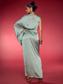 Normani Women's Romantic Solid Color High Slit Pleated Asymmetrical Neck Dress, Perfect For Party Wear - Green - View 2