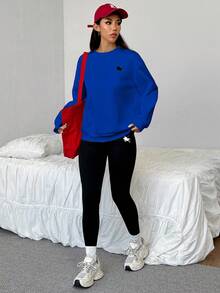 SHEIN EZwear 2件套小马印花宽松圆领运动衫和紧身打底裤 - 寶藍色 - 查看 5