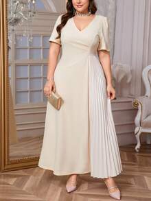 Firerie Plus Size Women Elegant Ruched Casual Stretchy A-Line Short Sleeve Dress For Date And Party, Spring/Summer,Graduation Dress - Apricot - View 10