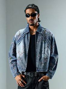 ROMWE MEN Street Life Veste en jean décontractée polyvalente à manches longues et encolure brodée pour hommes