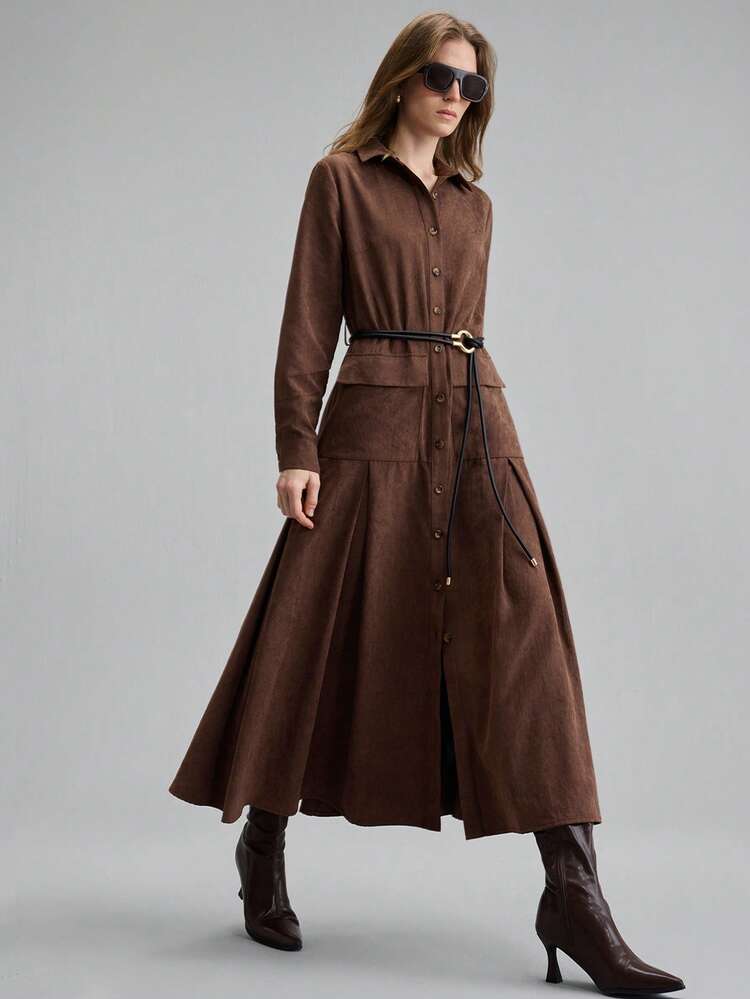 Women's Brown Acetate Rayon Twill Utility Dress With Pockets,Flared Hem,Modest Business Casual Office Wear,Shades Of Brown,Autumn,Elegent,Everyday