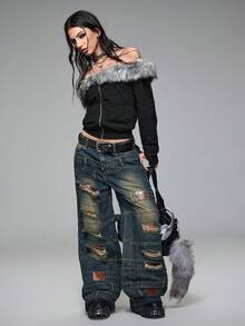 ROMWE Grunge Punk Quần jeans cạp cao siêu thấp, cạp cao, rách, nhiều cạp, phong cách Grunge cổ điển - Màu xanh lam - Xem 3