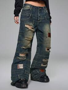 ROMWE Grunge Punk Quần jeans cạp cao siêu thấp, cạp cao, rách, nhiều cạp, phong cách Grunge cổ điển - Màu xanh lam - Xem 6