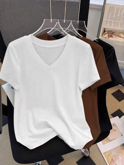 SHEIN Camiseta casual versátil de manga corta y cuello en V de unicolor para mujer de talla grande