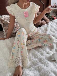 CottageSlumber V-Neck Back Short Sleeve + Ditsy Floral Long Pants Jacquard Pajama Set - Multicolor - View 8