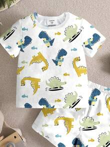 Baby Boy Casual Minimalist Cute Blue & Green Dinosaur Print Snug Fit Round Neck Comfortable Short Sleeve Shorts Pajamas, Suitable For Spring & Summer - Multicolor - View 2