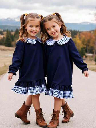 Vestido casual de niña con parches a cuadros y volantes en el bajo, otoño