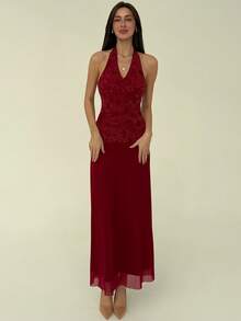 Aloruh Apricot Romantic Date Party Halter Deep V Backless Extra Long Mesh Patchwork Women Dress Red - Apricot - View 3