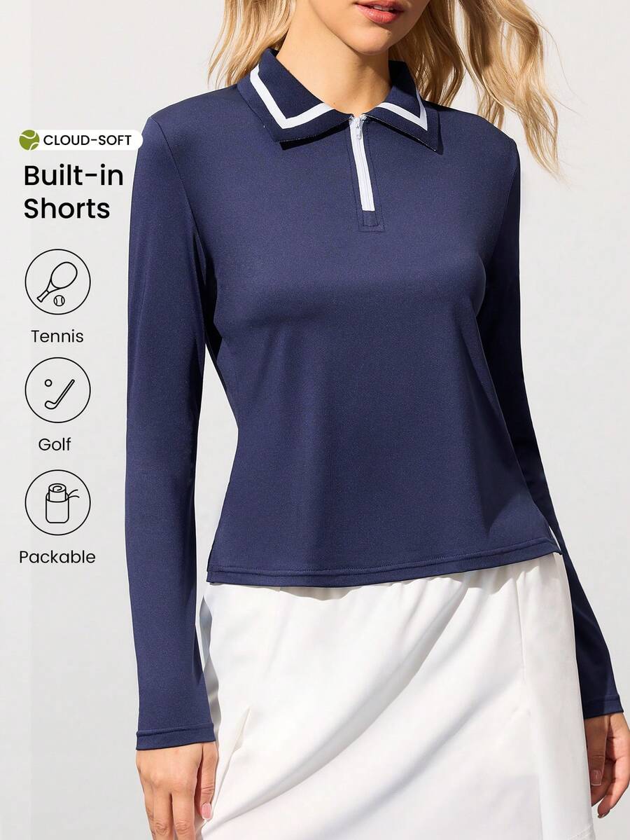 CourtClass 女式秋季简约撞色边拉链长袖运动 Polo 衫 - 彩色 - 查看 1