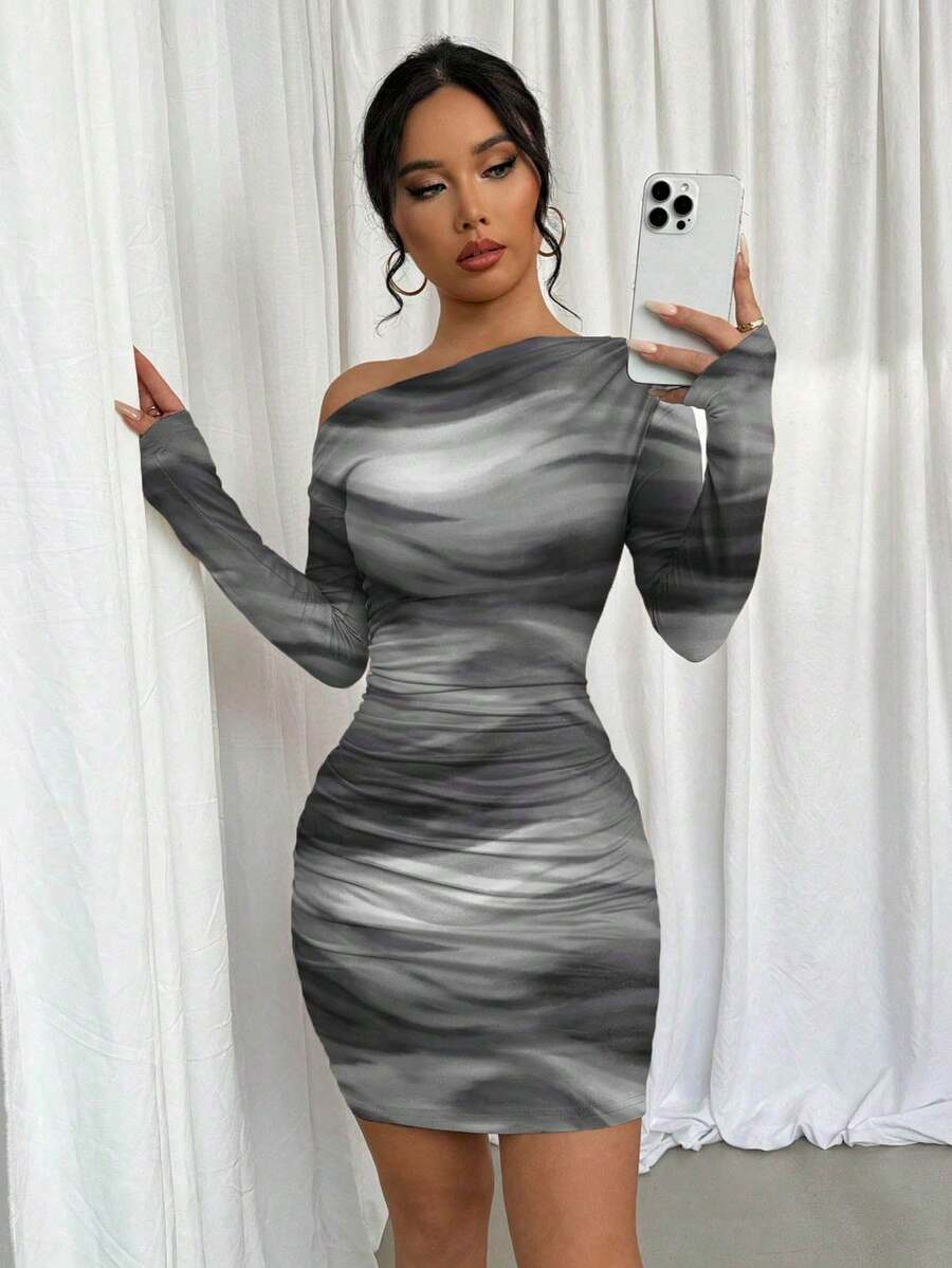 Selianne 扎染印花褶饰不对称肩长袖连衣裙 - 灰色 - 查看 1