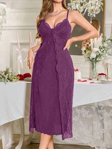 Slumberist 女式双层蕾丝边吊带睡袍 - 紫色 - 查看 4