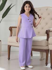 Bộ 2 quần và áo vest cài nút màu trơn đơn giản cho bé gái tuổi teen - Màu tím - Xem 9