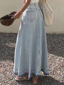 Dazy Tall Tall Women's Low Waist Frayed Hem Long Casual Denim Skirt - Light Wash - View 3